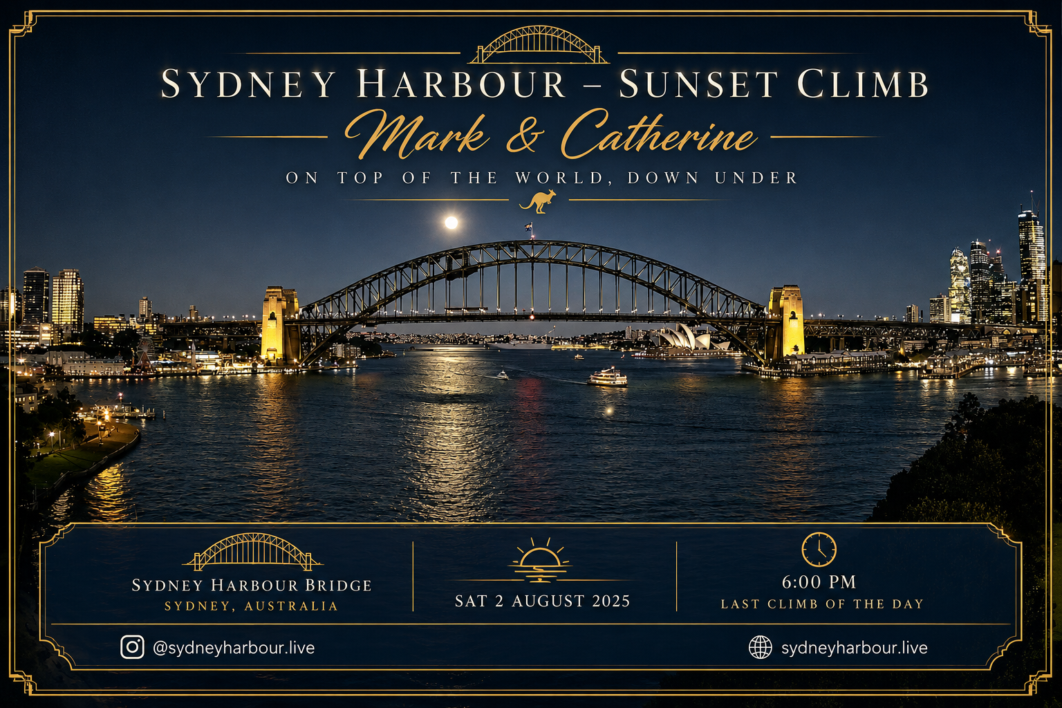 Example personalised Sydney Harbour memory — panoramic harbour photograph with commemorative overlay, independently created by Sydney Harbour Live